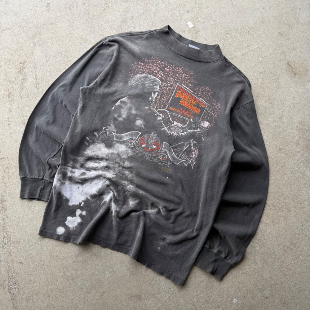 80s Mens Harley-Davidson 3D Emblem Follow Nobody Biker Shirt Vintage Large